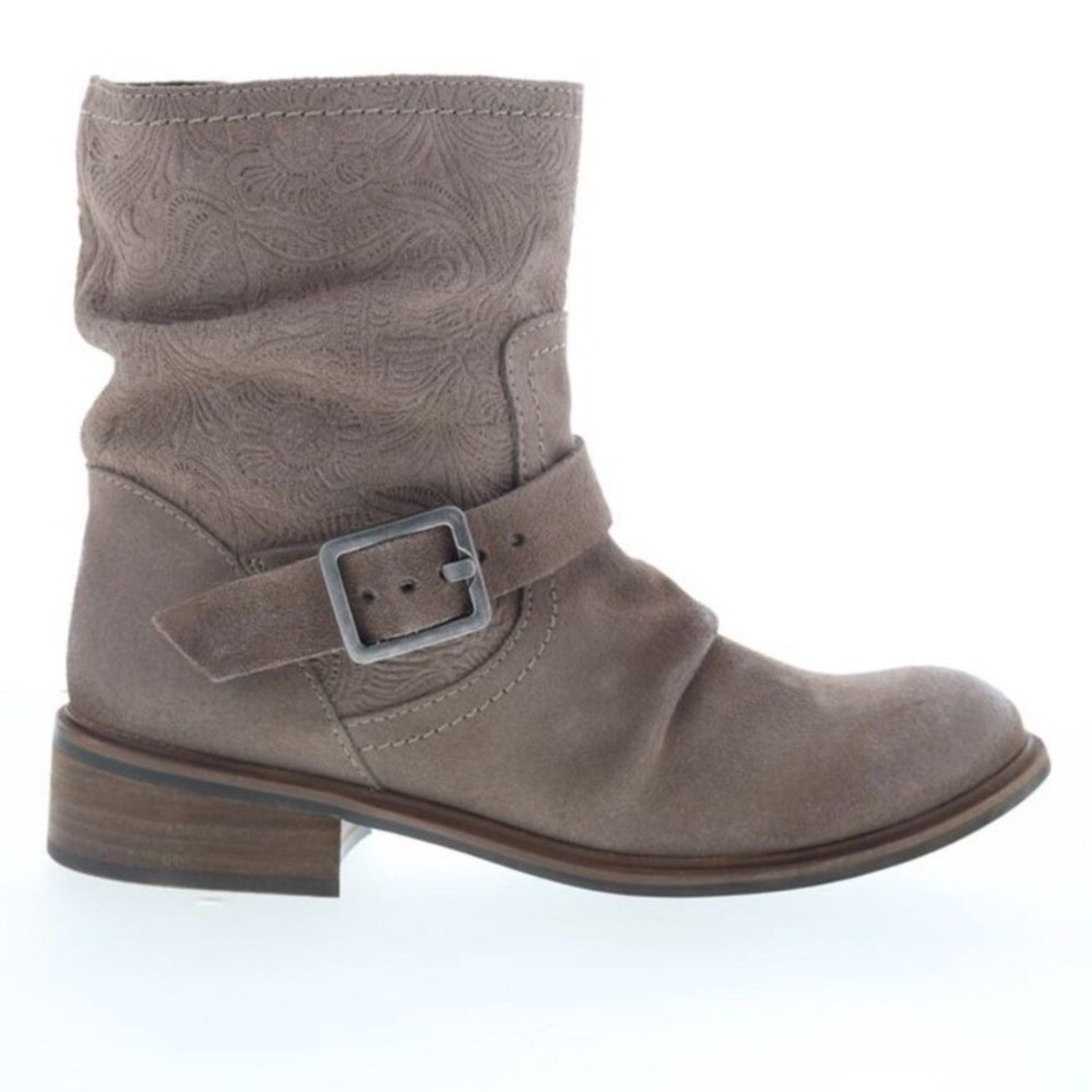 Miz Mooz Draper Ankle Boots Womens 9 Gray Excellent Embossed Leather Buckle